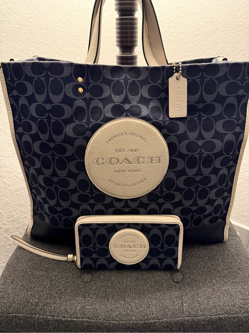 Coach Navy Signature Tote with Chalk Leather Trim and Matching Wallet